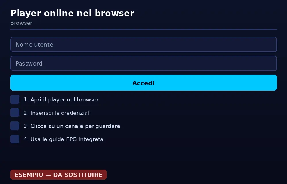 Schermata di login del player online TV8Live con i campi nome utente e password